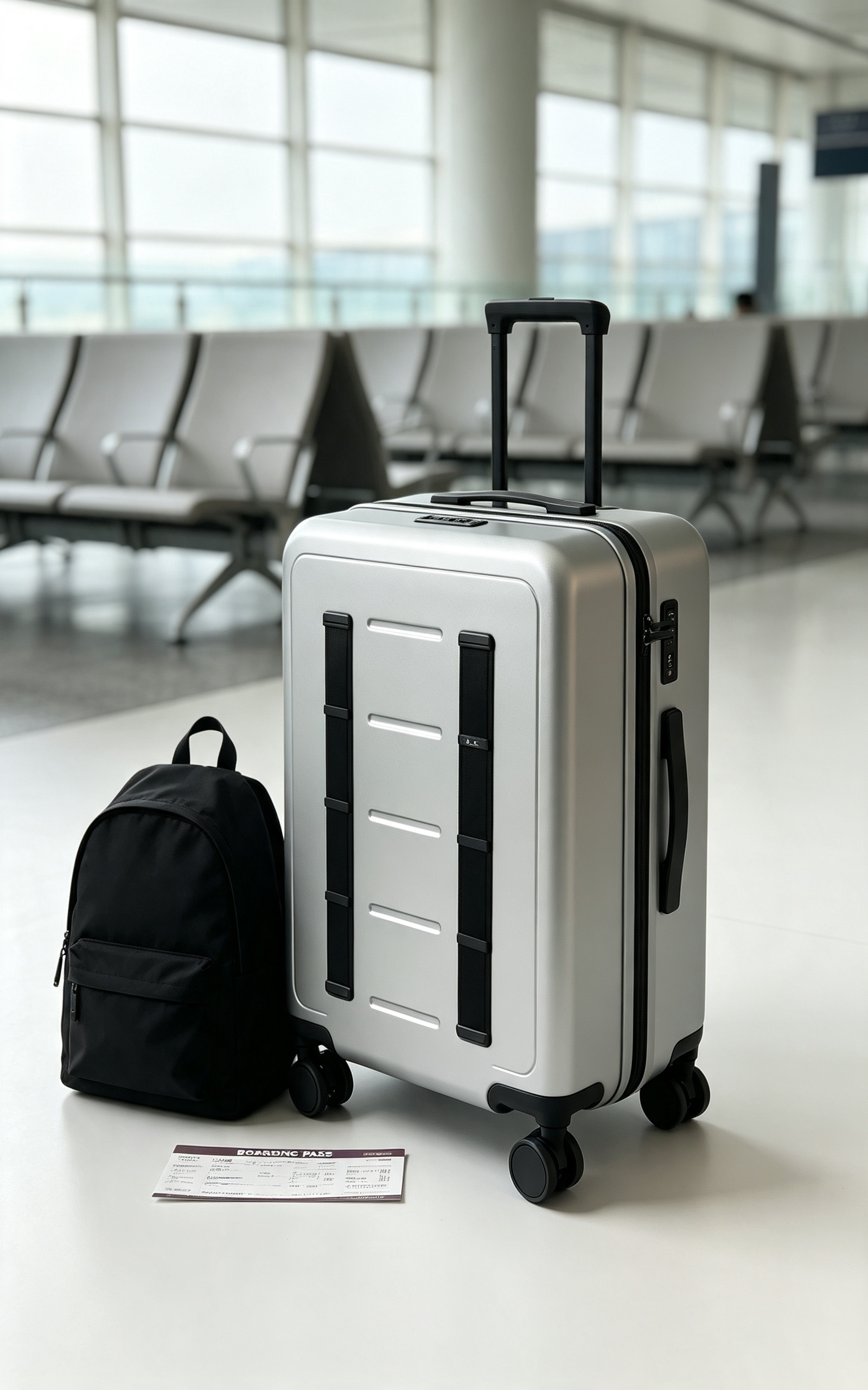 Silver hard‑shell luggage case with webbing straps for airport travel